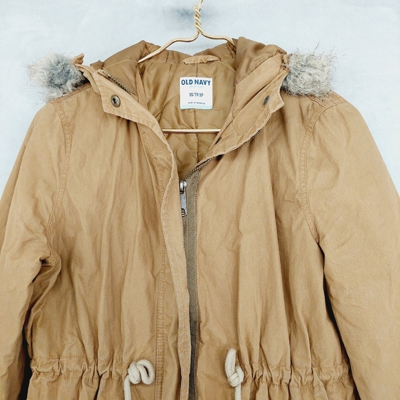 Old Navy Cinch Waist Canvas Fur Caramel Hoodie Anorak Jacket Z26 - Picture 4 of 9